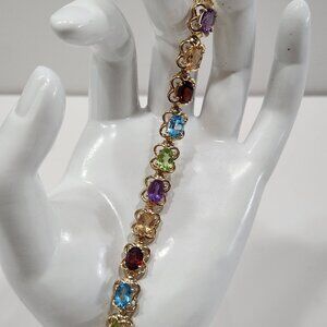 14K Solid Yellow Gold Multicolored Stone Flower Design Bracelet 7"
